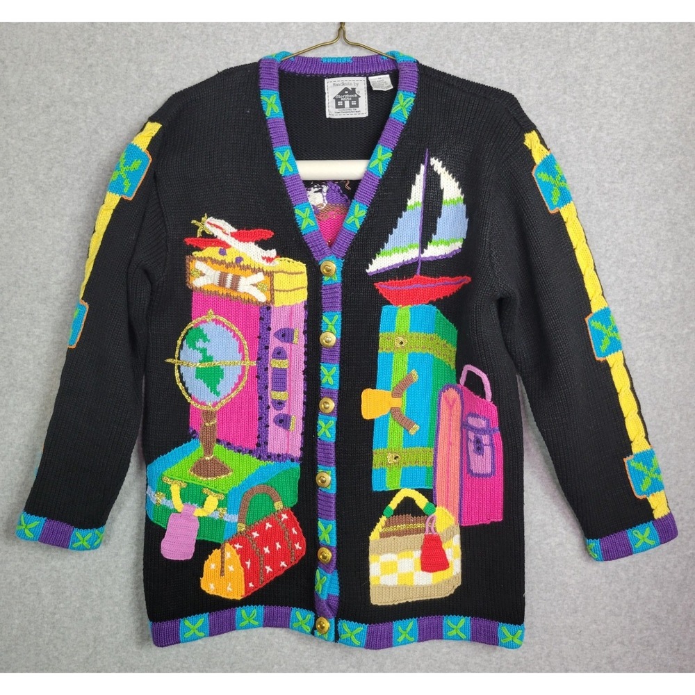 Storybook Knits Vintage Travel Cardigan Medium Black Suitcase Globe Sailboat